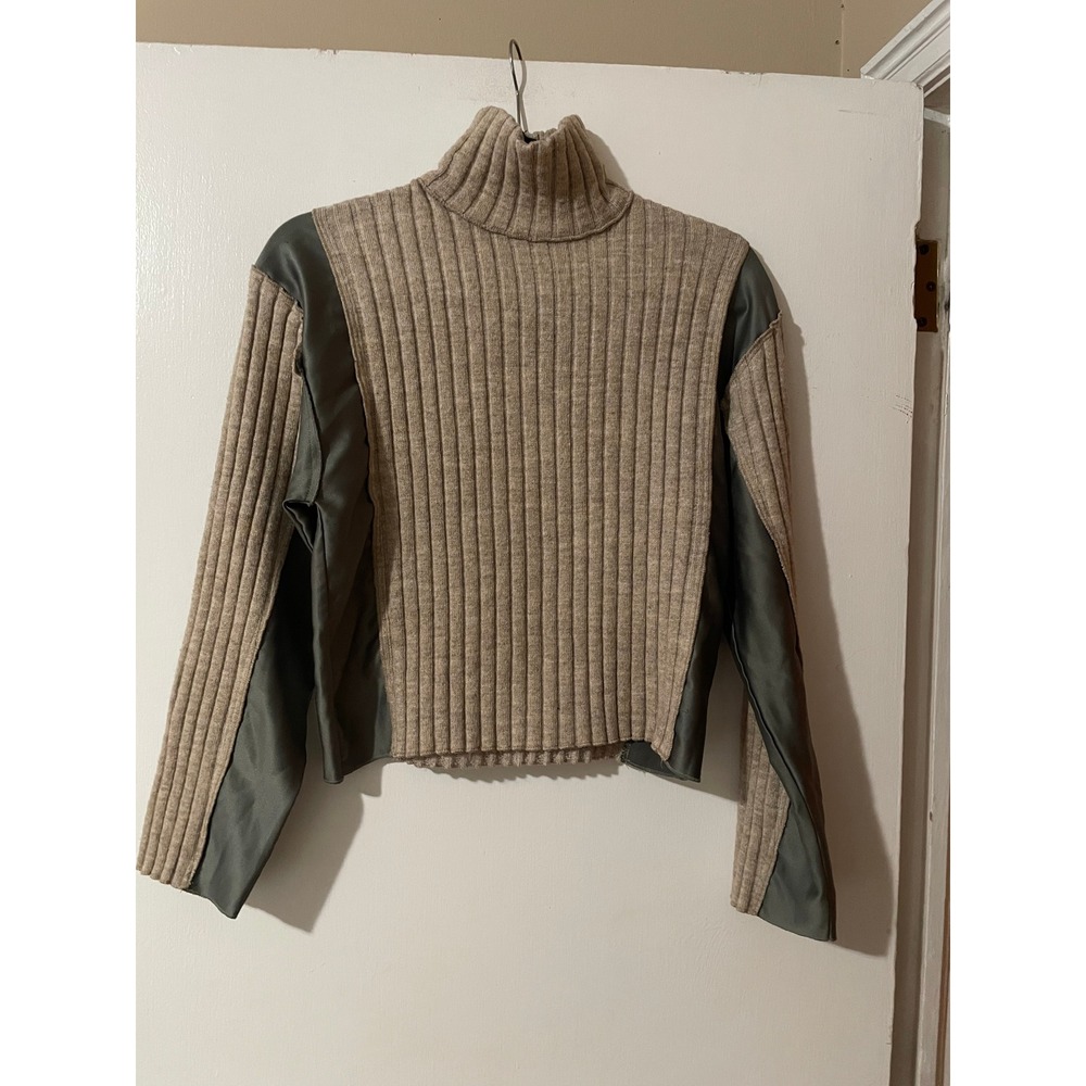 ZARA Turtleneck Ribbed‎ Knit Faux Leather Trim Cropped Sweater Top Size S